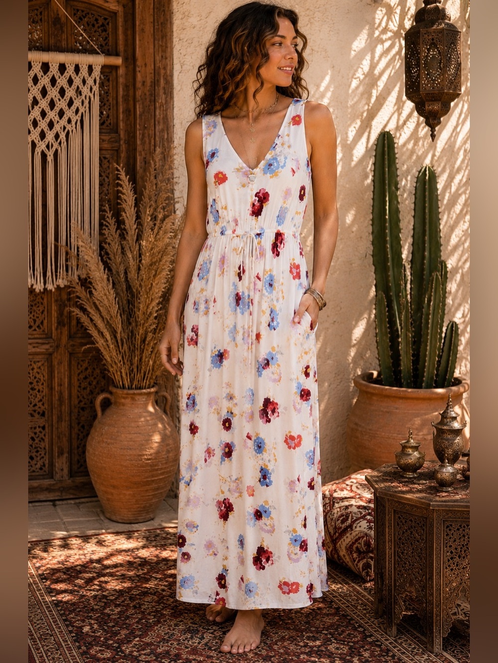 Lucky Brand Maxi Dress Size M Women Sleeveless V-Neck Flowy Floral Drawstring